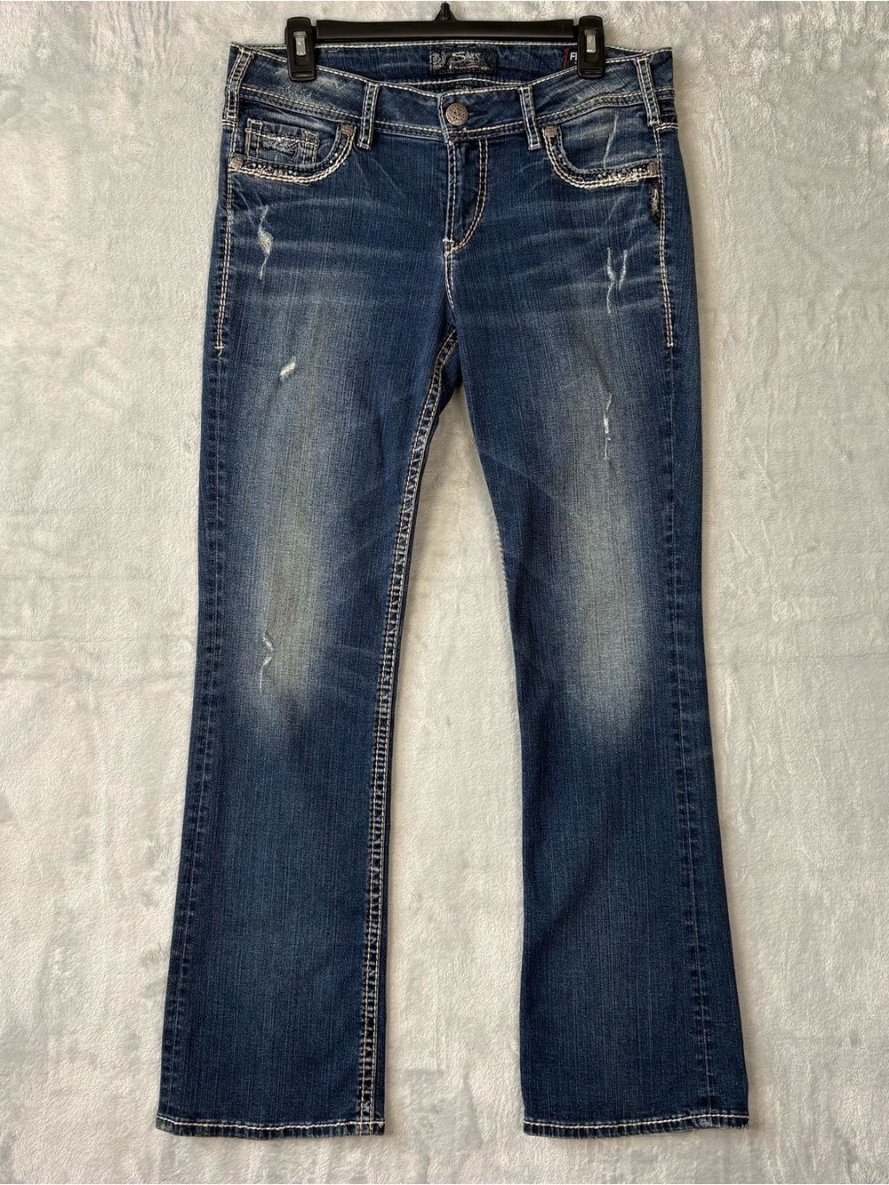 Silver Jeans Womens 31 Stretch Fluid Denim Suki Mid Slim Boot Grunge Distressed